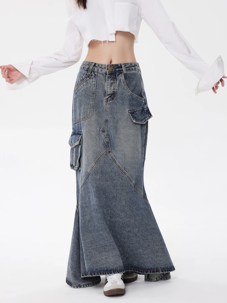 

Американская ретро-юбка из синего денима с высокой талией, фасон «рыбий хвост», весна-лето, новая повседневная хлопковая женская юбка