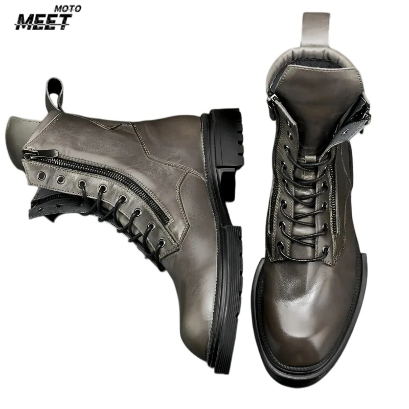 Retro Motorcycle Boots for Men, Warm Wool Lining, Round Dot, Thick Sole with Double Zipper