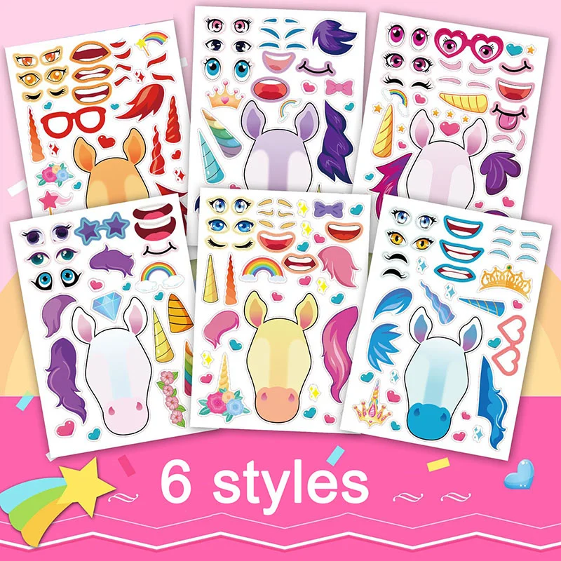 6/12Sheets Kids DIY Stickers Creative Make Your Own Unicorn Fantasy Animal Stickers Children Party Favor Supplies Puzzle Jigsaw