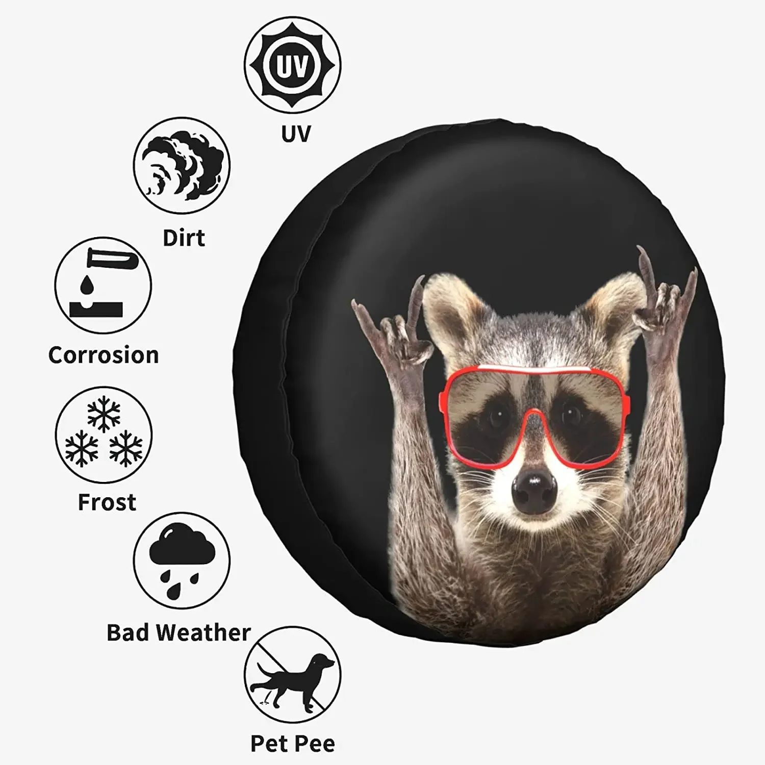 Funny Raccoon Sunglasses Rock Pattern Print Spare Tire Cover Waterproof Dust-Proof UV-Proof Wheel Tire Covers for  Wrangler