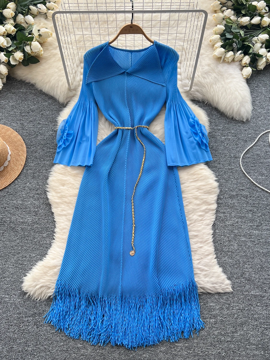 

Модное европейское женское платье 2025 года, новое, с завышенной талией, цветочным принтом, плиссировкой, бахромой, длинное, высокого качества, с поясом, стандартное.