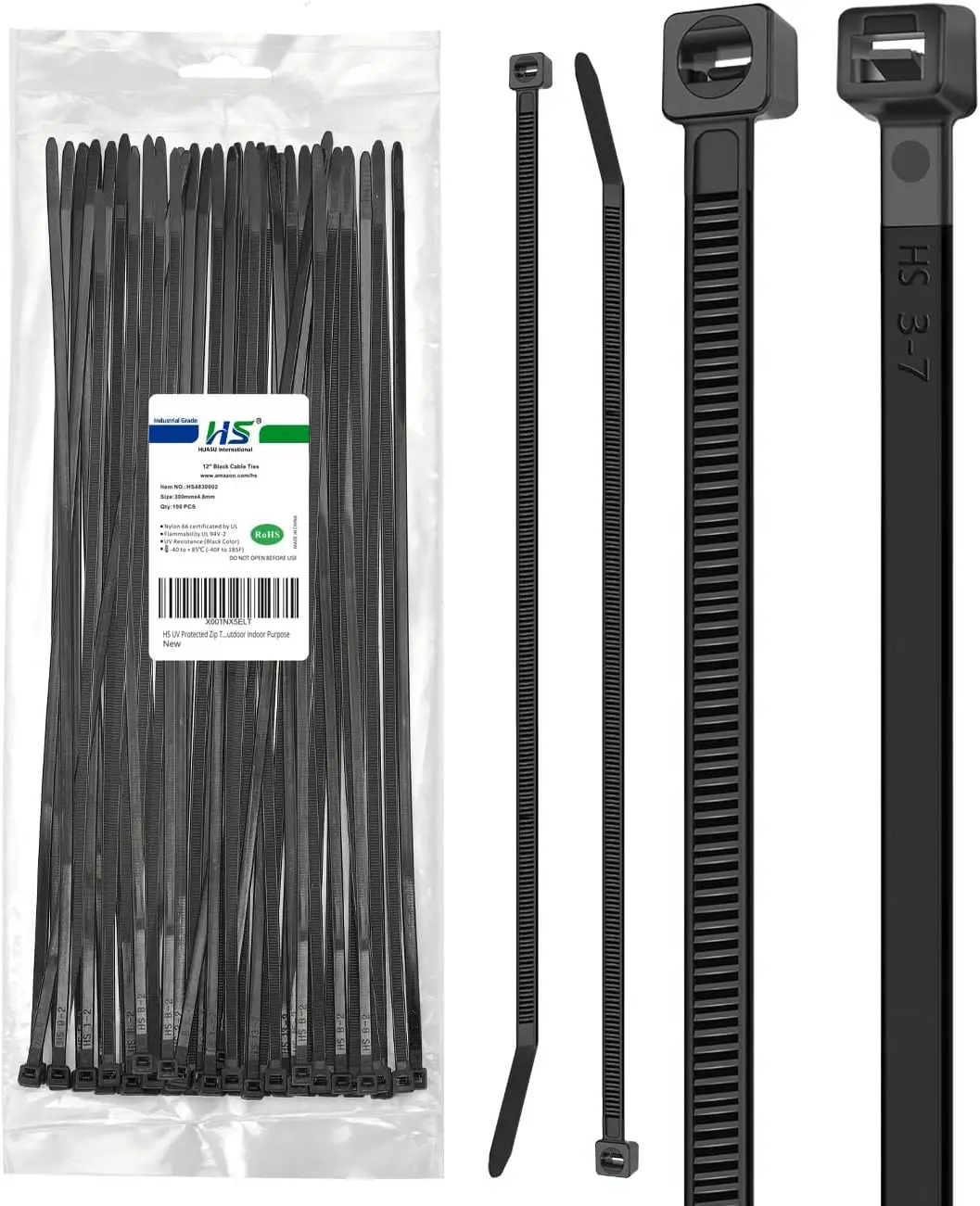 

UV Resistant Zip Ties 12 Inch (100 Pack) - Heavy Duty Nylon Cable Ties, 50 lbs Tensile Strength, Black, for Indoor/Outdoor Use