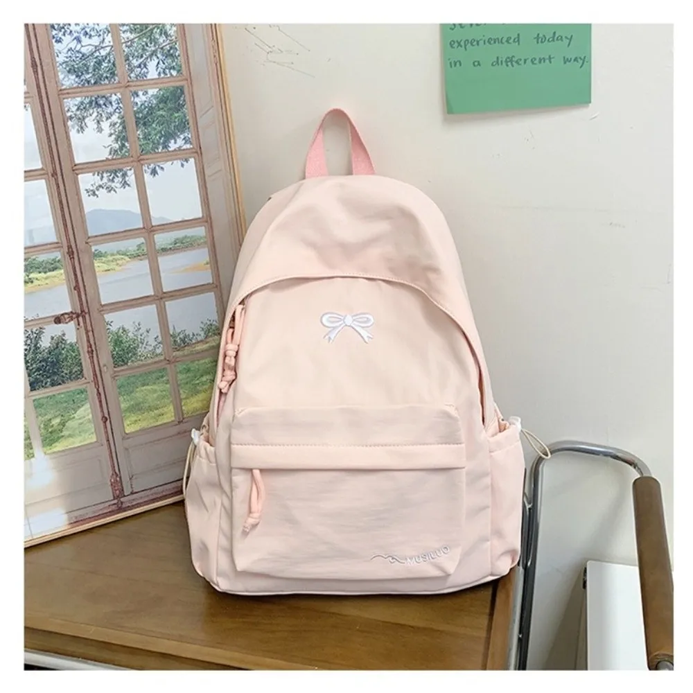 

Милый рюкзак для девочек с вышитым бантом, нейлоновый однотонный школьный рюкзак для студентов, легкий дорожный рюкзак большой вместимости