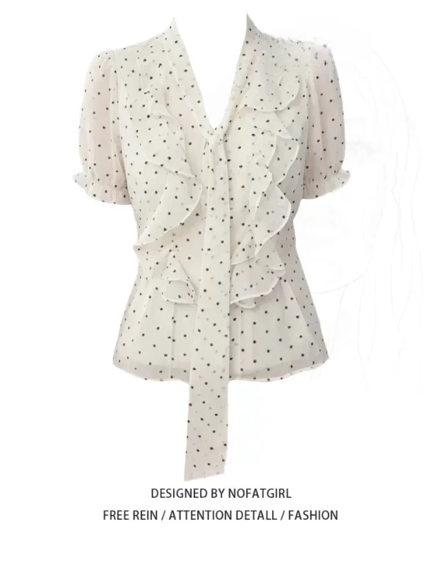 

Sweet Style Women's Shirt Summer Bubble Sleeve V-neck Belted Waist Slimming Top Korean Style Commute Wind Regular Sleeve Length