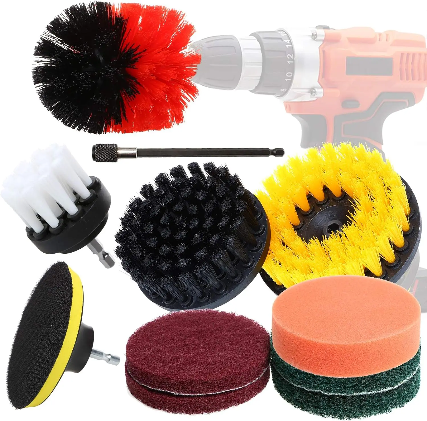 

12PCS Drill Cleaning Brush Attachment Set with Scouring Pad, Nylon Brush, Sanding Pad for Cleaning Kitchen, Bathroom, Tub, Floor