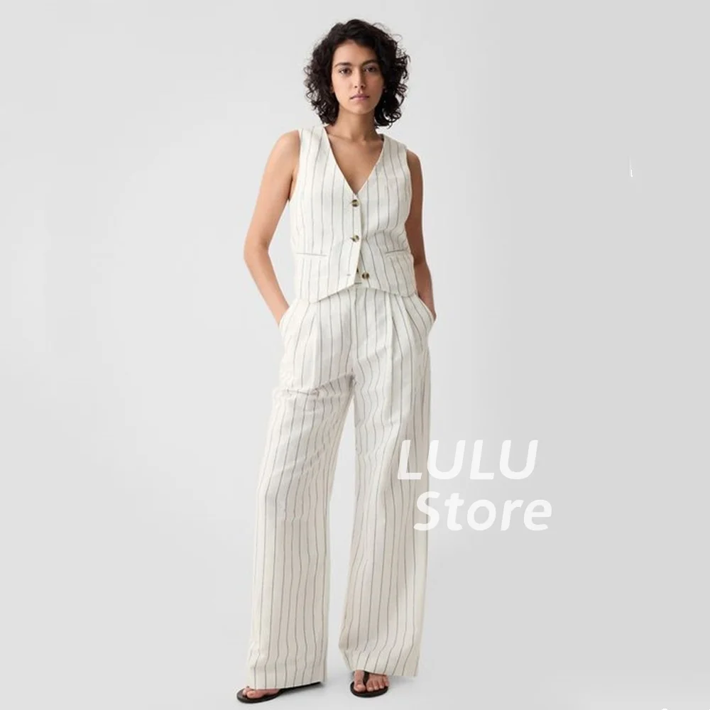 

Women Suit Pants+Vest Office Striped Lvory Loose Outfits V-Neck 2 Two Piece Matching Lady Set conjuntos de pantalones