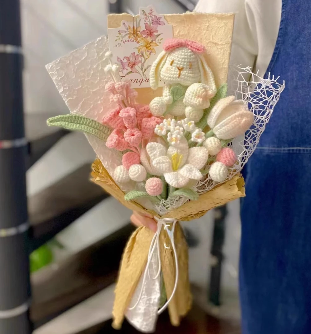 

Hand-knitted hyacinth lop-eared rabbit mixed bouquet diy material package homemade crocheted wool finished product flowers for g