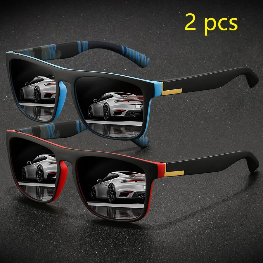 2 Pieces Fashion Vintage Square Sports Sunglasses Men Women Driving Fishing Brand Designer Sun Glasses Retro Man Eyewear UV400