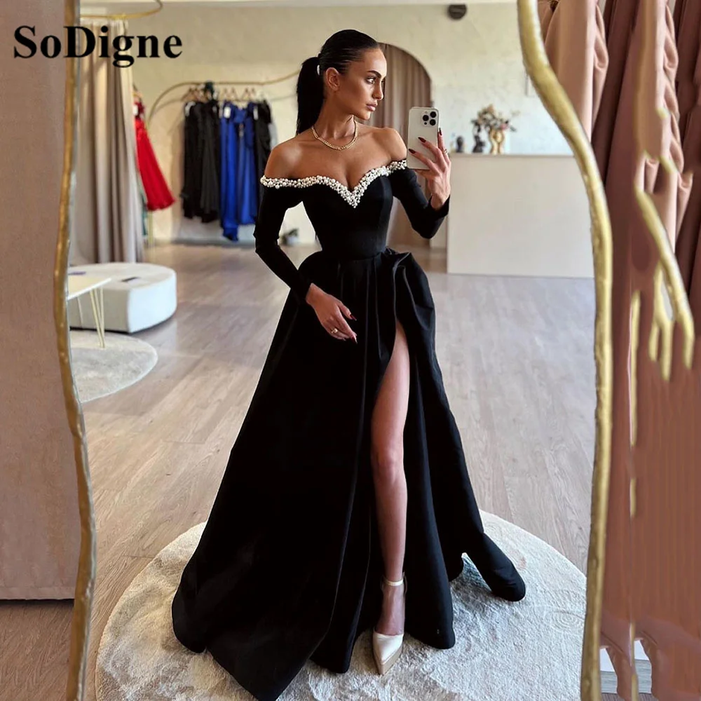 SoDigne Elegant Black Saudi Evening Dresses off The Shoulder Long Sleeves Split Pearl Women Prom Gowns Guest Party Customized