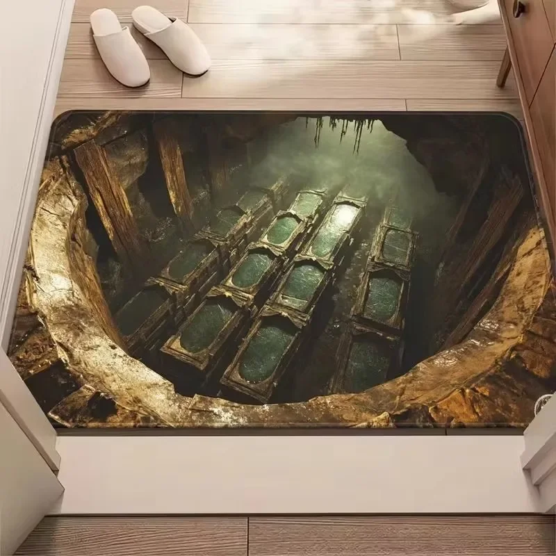 3D Optical Illusion Floor Mat Deep Cave Pit Raven Birds Rock Texture Pattern Decorative Front Door Welcome Doormat