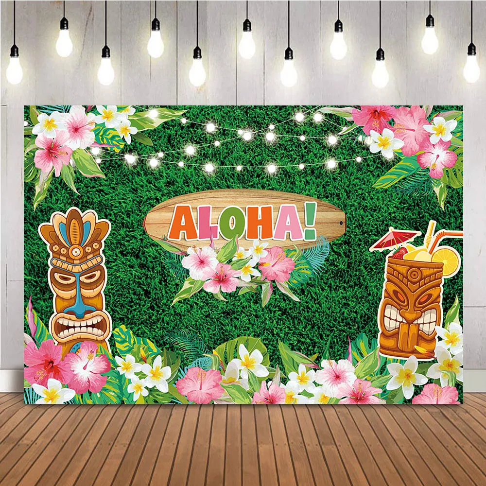 Aloha Summer Backdrop Pink Flowers Tropical Summer Beach Photo Background Green Grass Pink Floral Girls Birthday Decorations