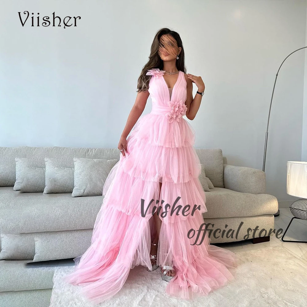 

Pink Tulle A Line Evening Dresses for Women 3D Flowers V Neck Arabian Dubai Prom Dress with Slit Floor Length Formal Party Gowns