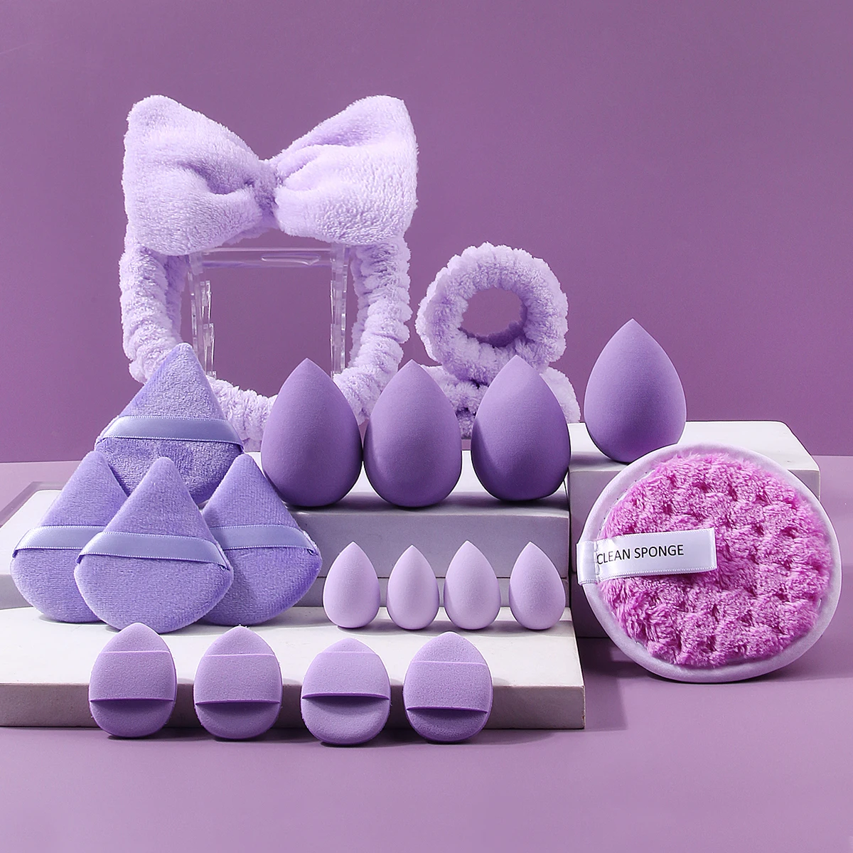 مجموعة أدوات كبيرة للوجه مكونة من 20 قطعة: ربطة شعر/حزام معصم + بيض إسفنجي كبير الحجم/نفخة مسحوق + نفخة منظف للوجه السميكة