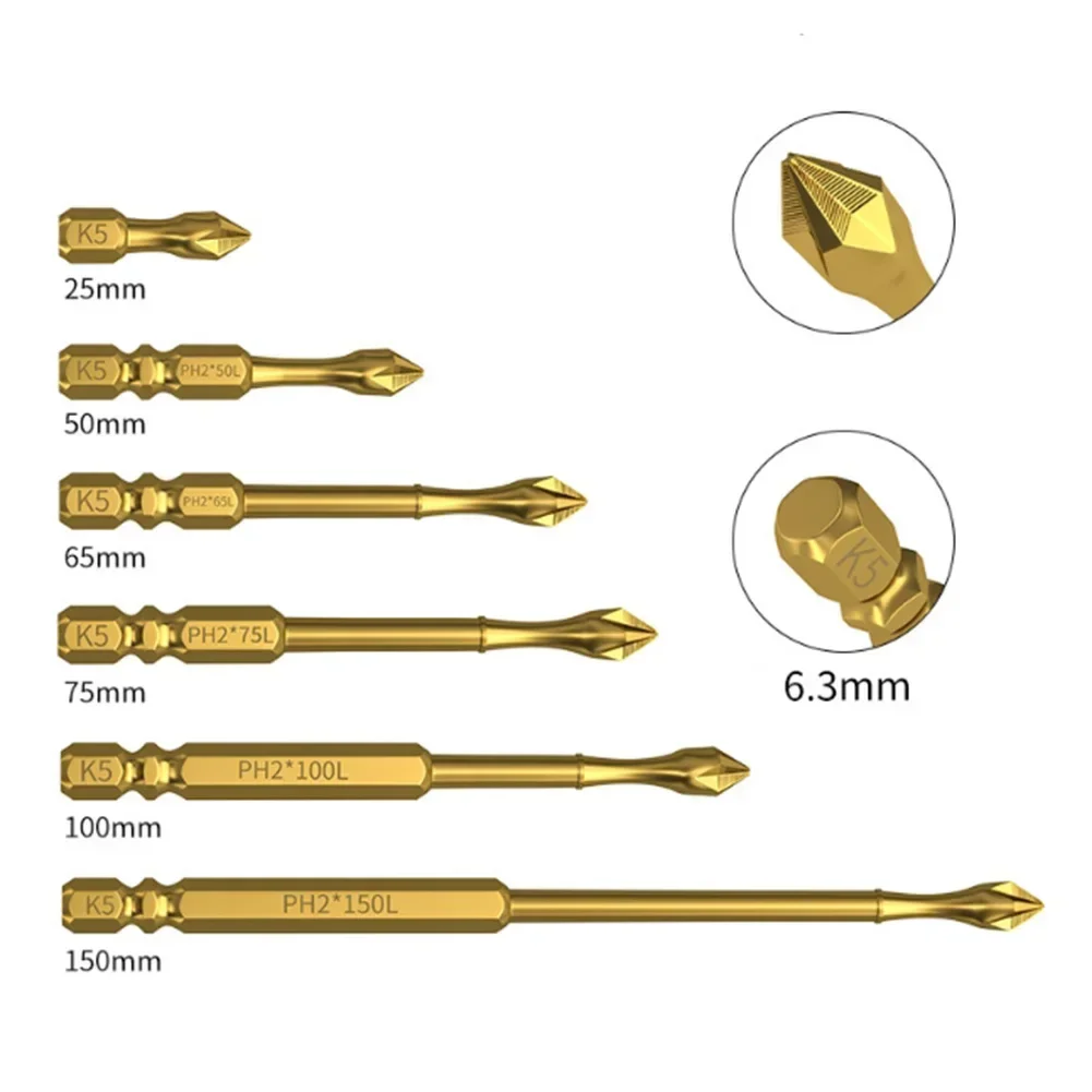 육각 섕크 PH2 크로스 스크루 드라이버, 고경도 미끄럼 방지 K5 합금강, 드릴 비트, 6.3mm, 25mm, 50mm, 65mm, 75mm, 100mm, 150mm