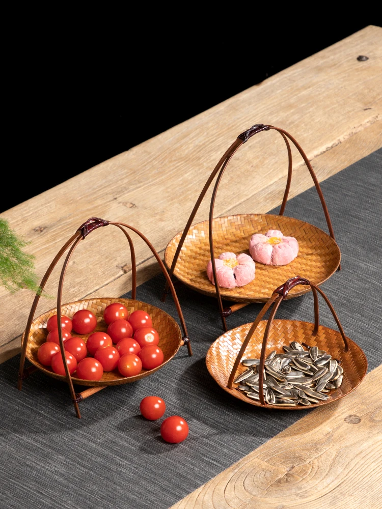 

Handmade Bamboo Woven Tea Tray, Dim sum Plate with Handle, Chinese Retro Pastry Plate