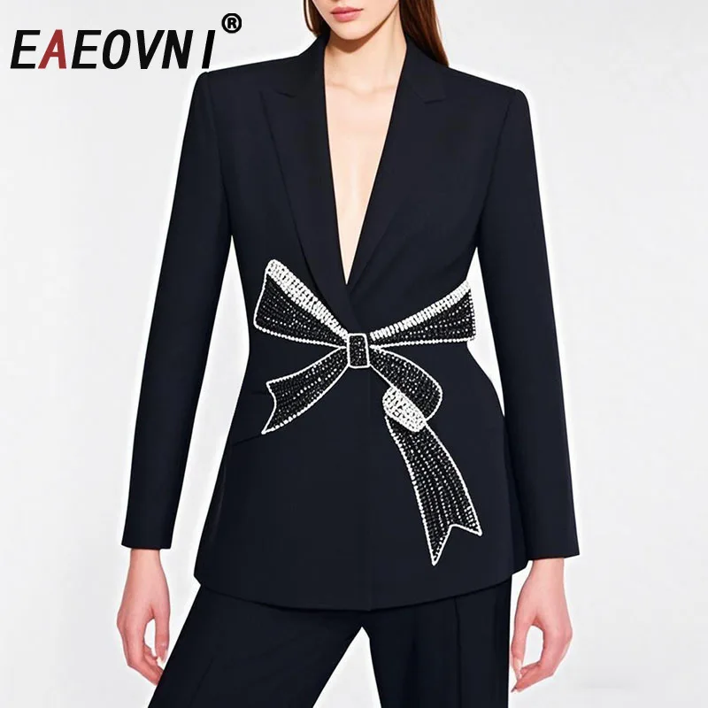 

EAEOVNI Fashion Diamonds Bow Spliced Design Suit Blazer Women Long Sleeve Jacket Outerwear Chic 2025 New Spring Clothing 1A749