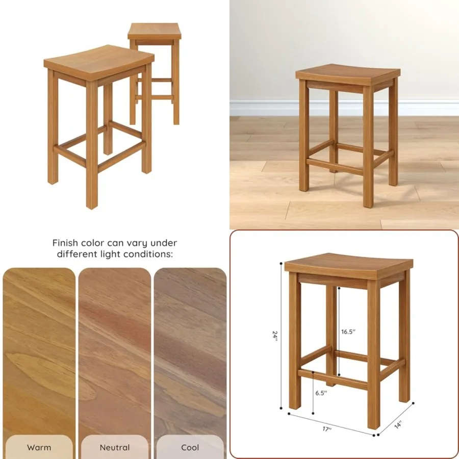 

Smith Collection Solid Wood Counter Height Bar Stool, 24-Inch Saddle Seat Backless Stool, Ideal for Kitchen Island, Dining, or