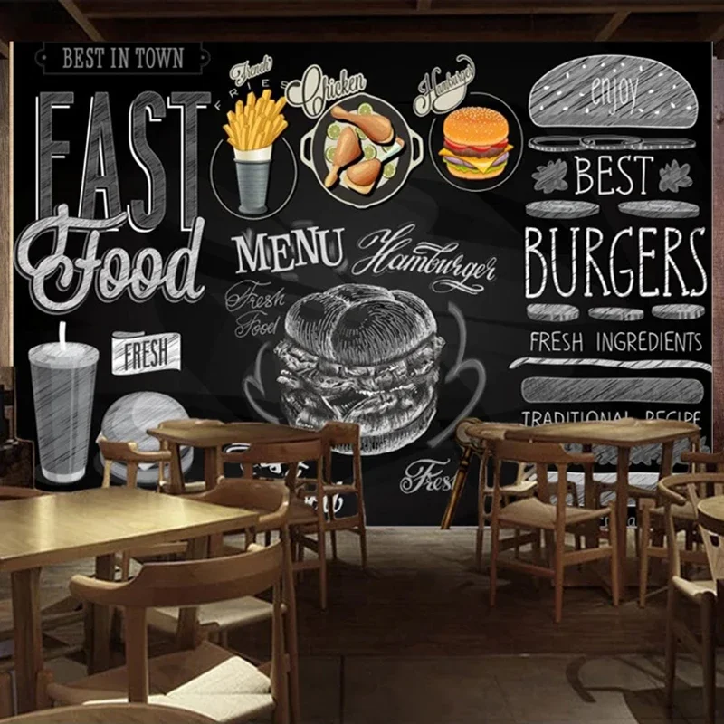 Custom Mural Wallpaper Blackboard Hand Painted Hamburger Fried Chicken Poster Delicious Fast Food Shop Restaurant Wall Painting