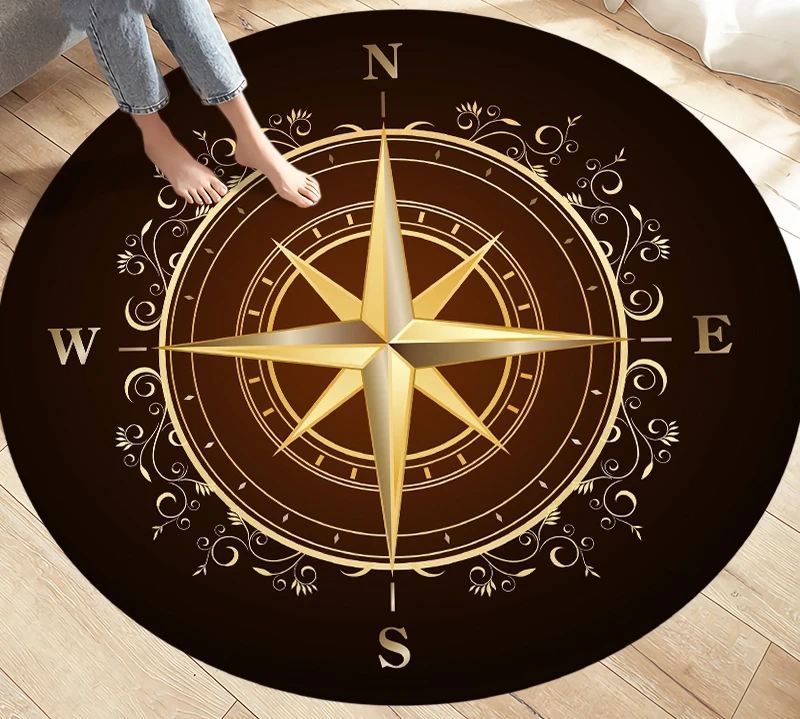 Compass Round Carpet Area Rug Retro British Navy New World Discovery Carpets Living Room Bedroom Kids Play Non-slip Floor Mats