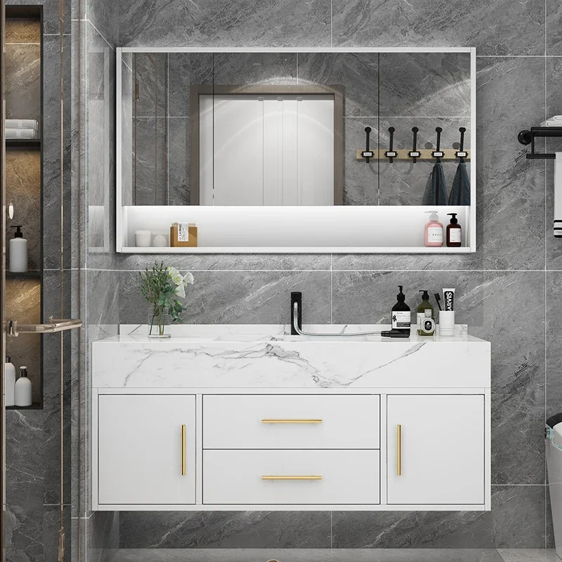 Marble Bathroom Cabinet Combination Solid Wood Intelligent Simple Luxurious Bathroom Cabinet Sink Washbasin Furniture