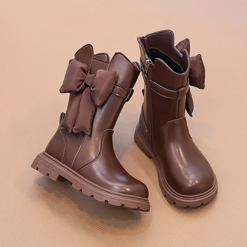 Botas de algodão princesa bowknot doce feminino, sapatos casuais infantis, moda elegante infantil, botas versáteis de meia-panturrilha, inverno