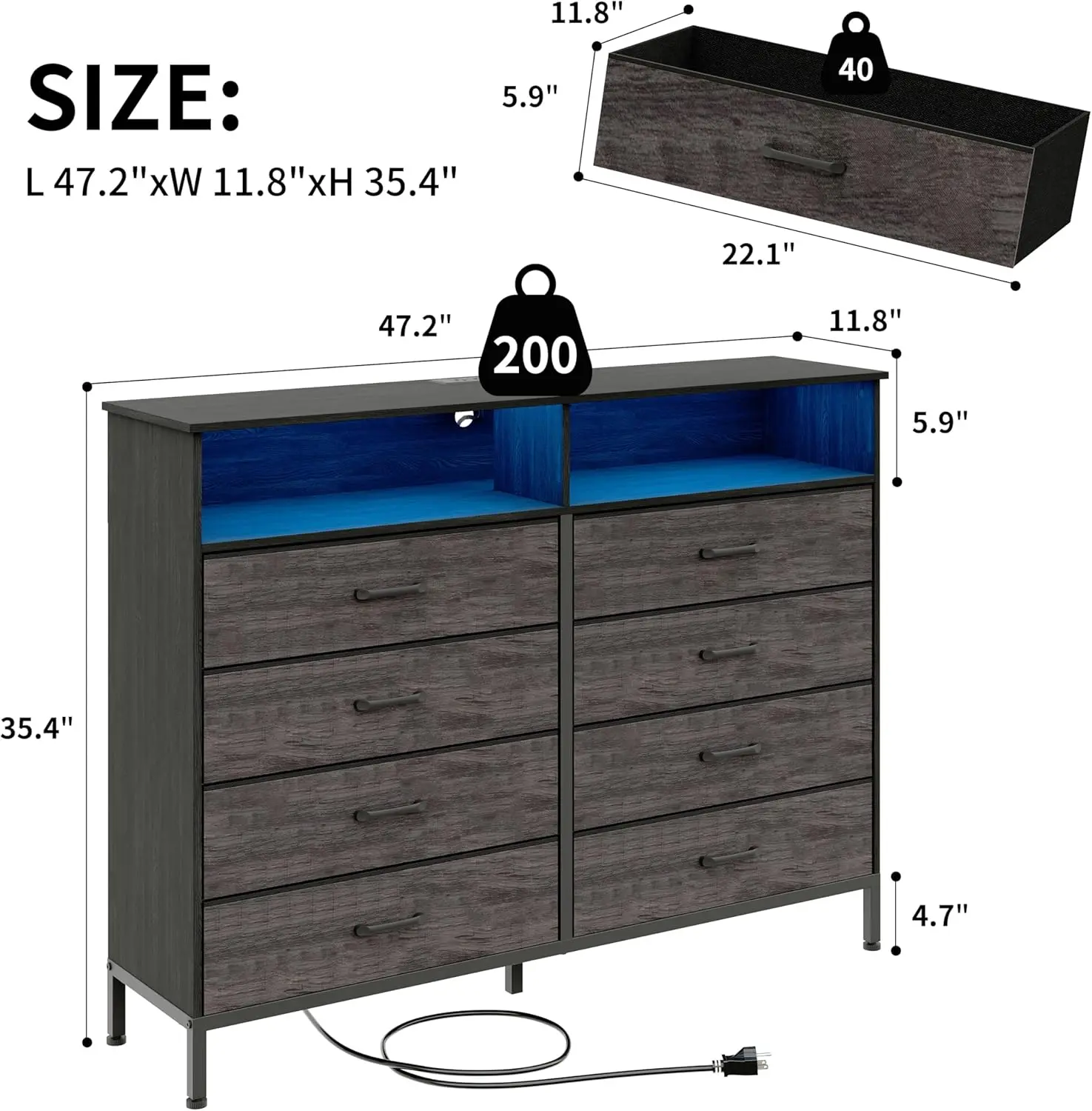 Cômoda para quarto LED com estação de carregamento, alta com 8 cômoda de tecido, para crianças Roo