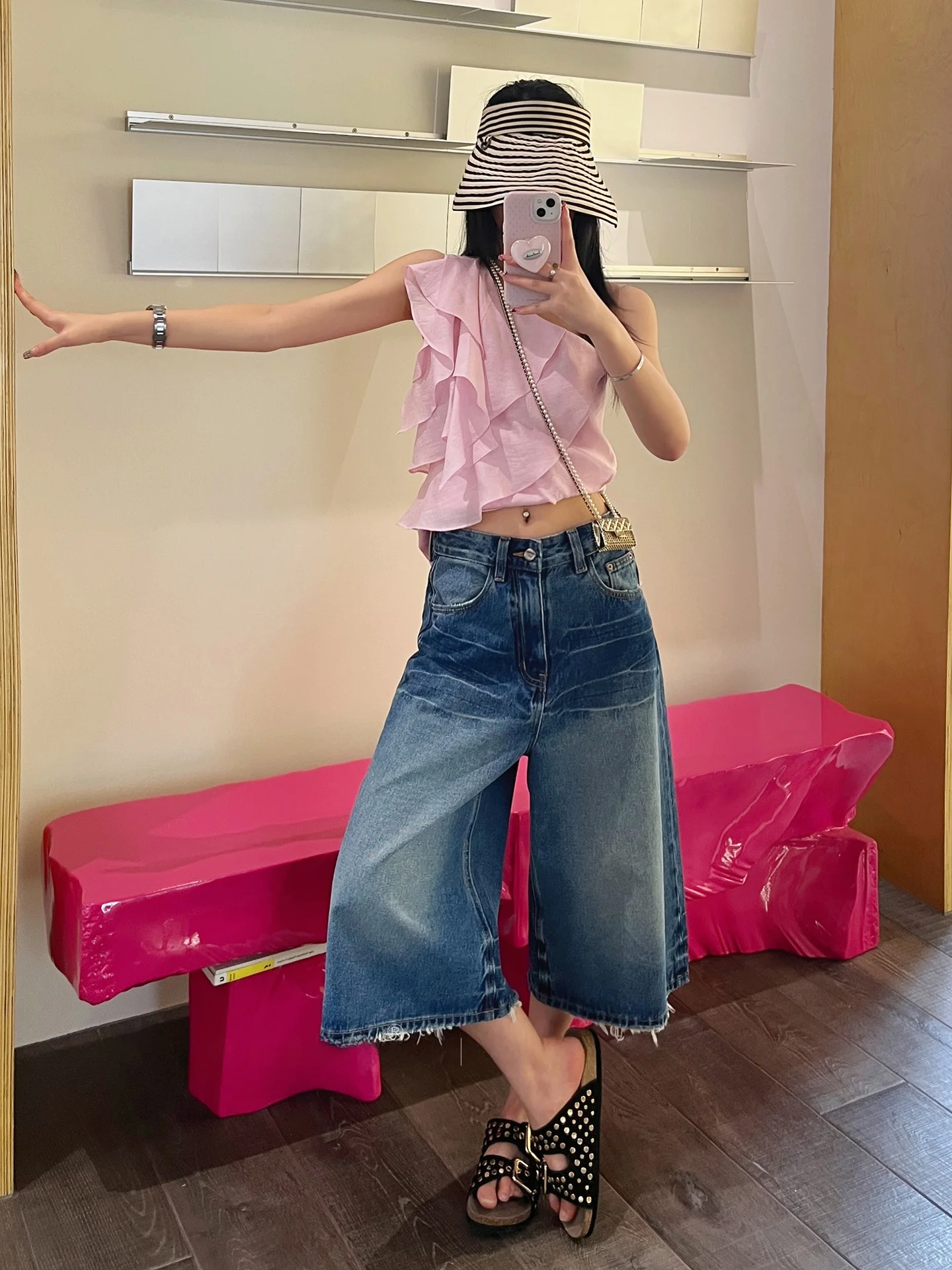

High Waist Straight Leg Denim Jeans Women's Spring 2026 Vintage Blue Loose Fit No Stretch Frayed Hem Seven-Foot Wide Leg Pants