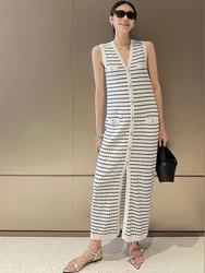 Knitted Elegant Dresses For Women O Neck Sleeveless Loose Sweater Dress Korean Fashion Stripe Long Dresses