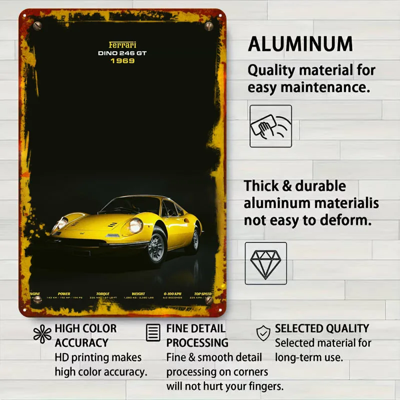 فيراري دينو 246 GT 1969 علامات معدنية ملصق سيارة ديكور غرفة جمالية للرجال علامة صفيح مخصصة لتزيين جدران الفن رجل كهف #4