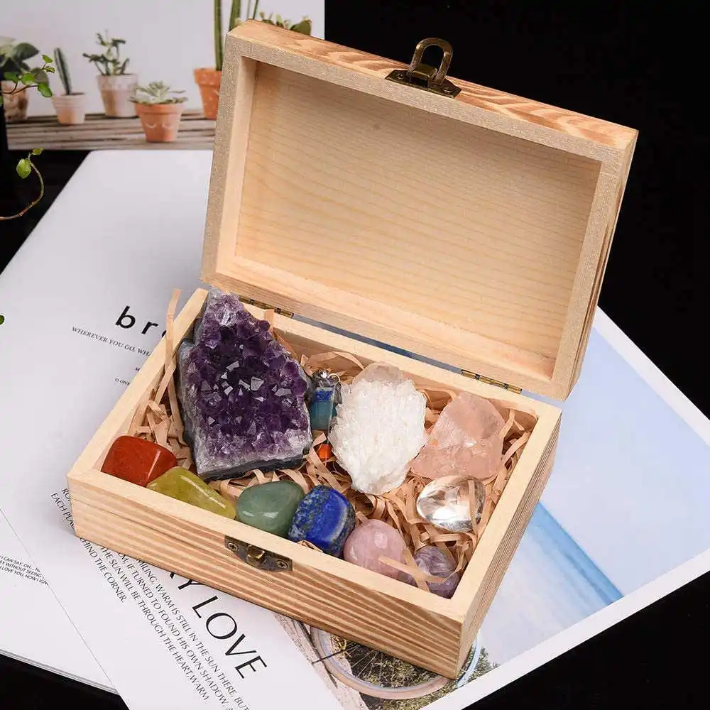 11Pcs Natural Quartz Amethyst Cluster 7 Chakras Crystal Therapy Tumbled Stone Healing Rough Mineral Specimen Ore Wooden Box Gift