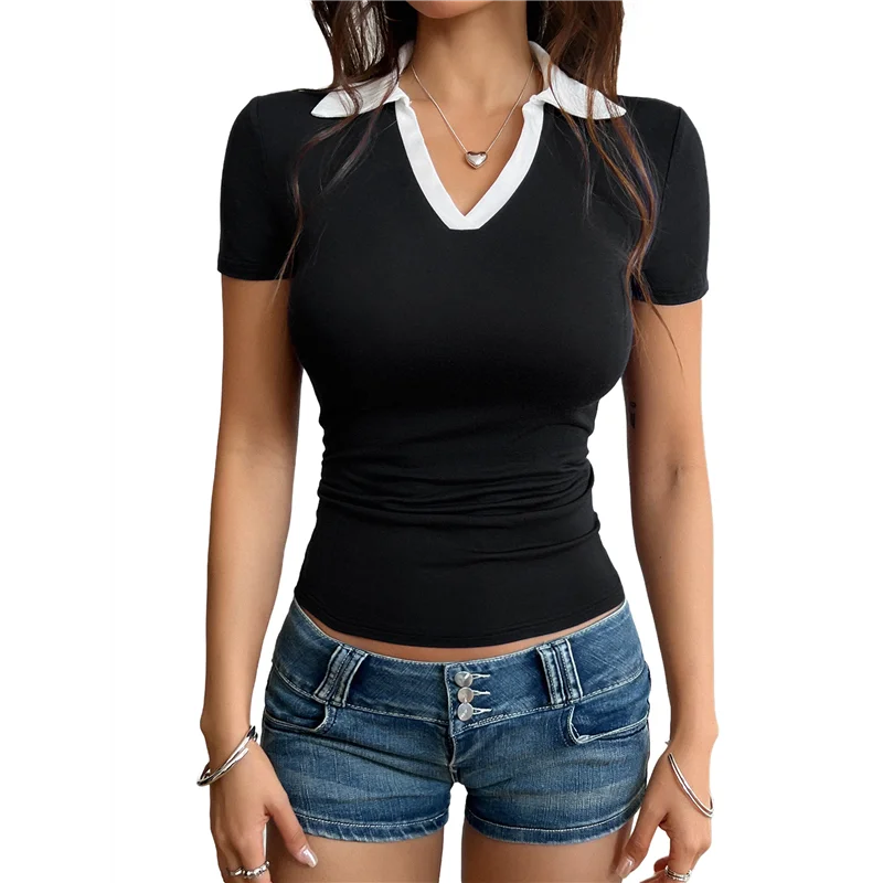

CGS-Womens Short Sleeve Business Casual Tops Summer V Neck Work Shirts 2025 Fitted Basic Collared Shirt