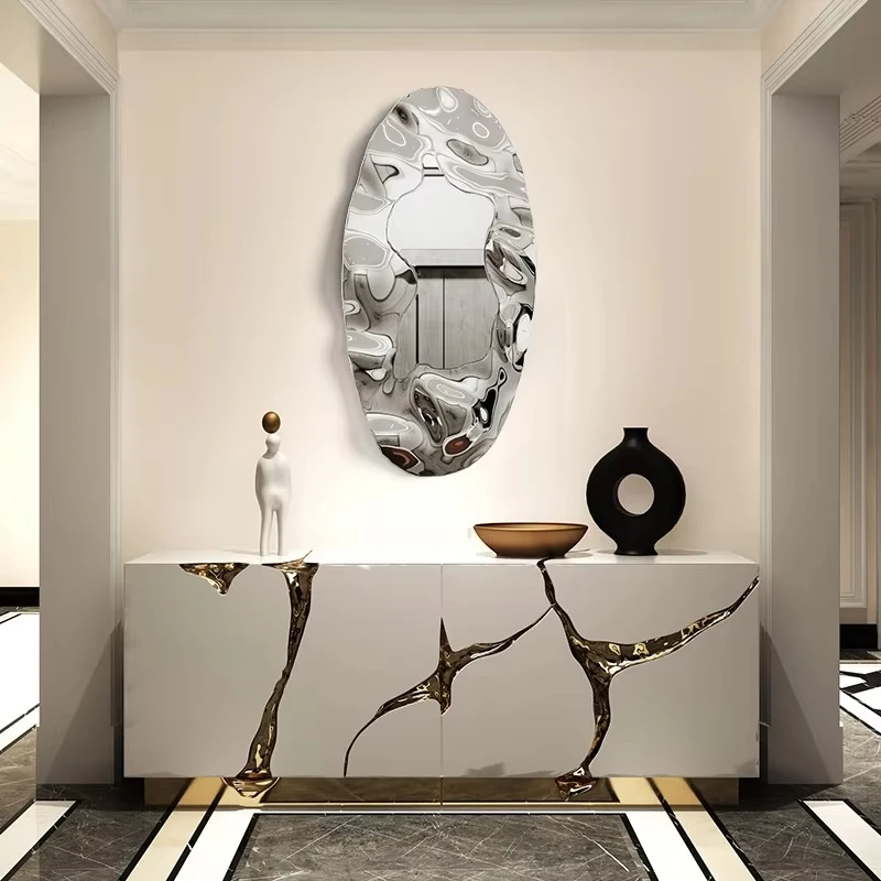 Stainless steel oval mirror sculpture, water ripple design wall hanging, pure hand forged electroplated color wall decoration