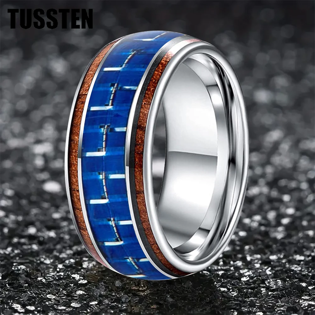 TUSSTEN 10MM Dome Tungsten Ring for Men Women Carbon Fibre Koa Wood Carbon Fiber Inlay Fashion Wedding Band