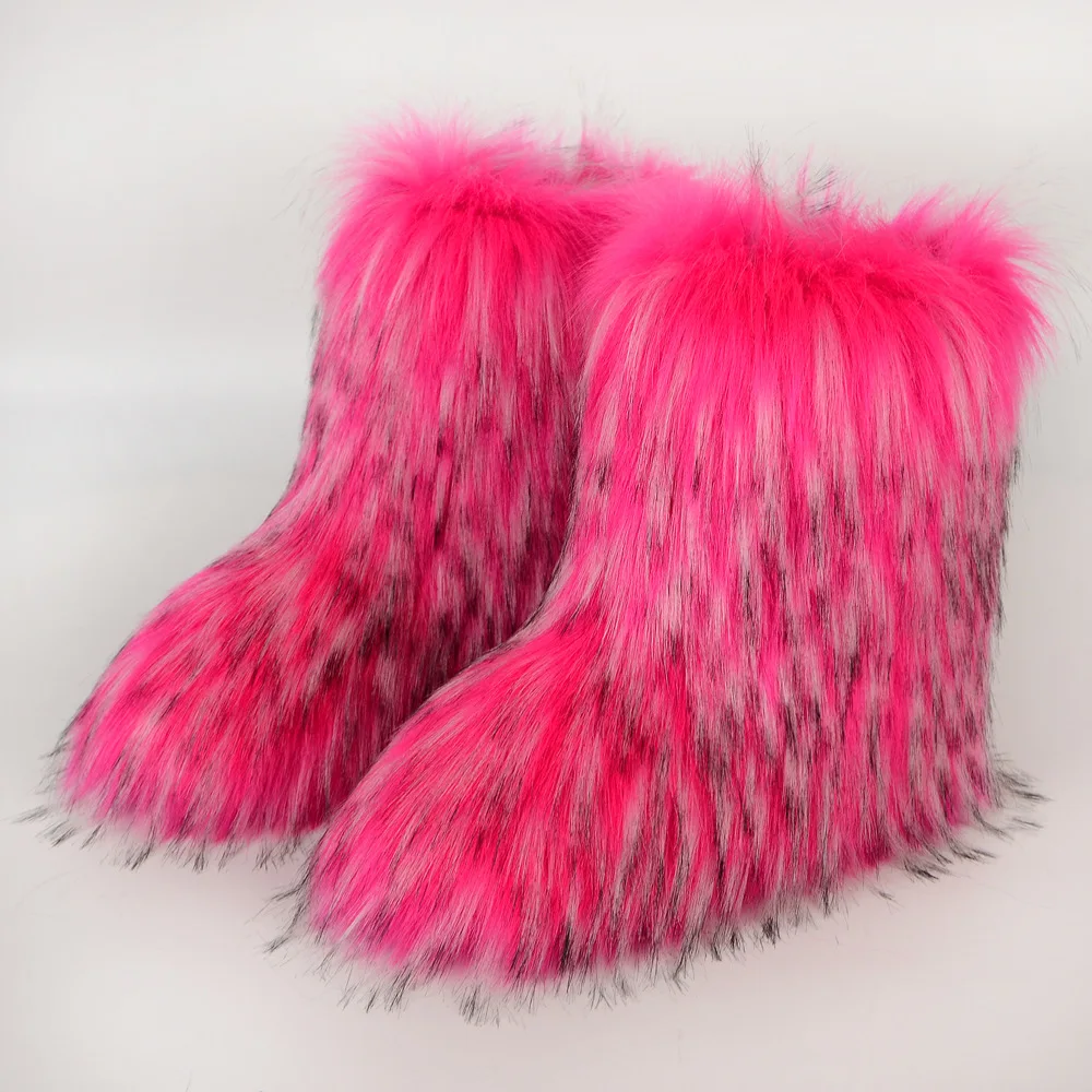 Winter Fuzzy Boots Women Furry Shoes Fluffy Fur Snow Boots Plush lining Slip-on Rubber Flat Outdoor Bowtie Warm Ladies Footwear