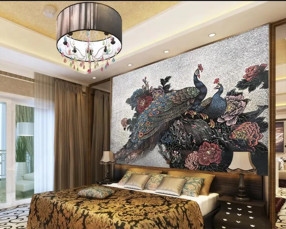

Custom wallpaper mural peacock Peony watercolor sand painting style new Chinese style TV background walls 3d wallpaper