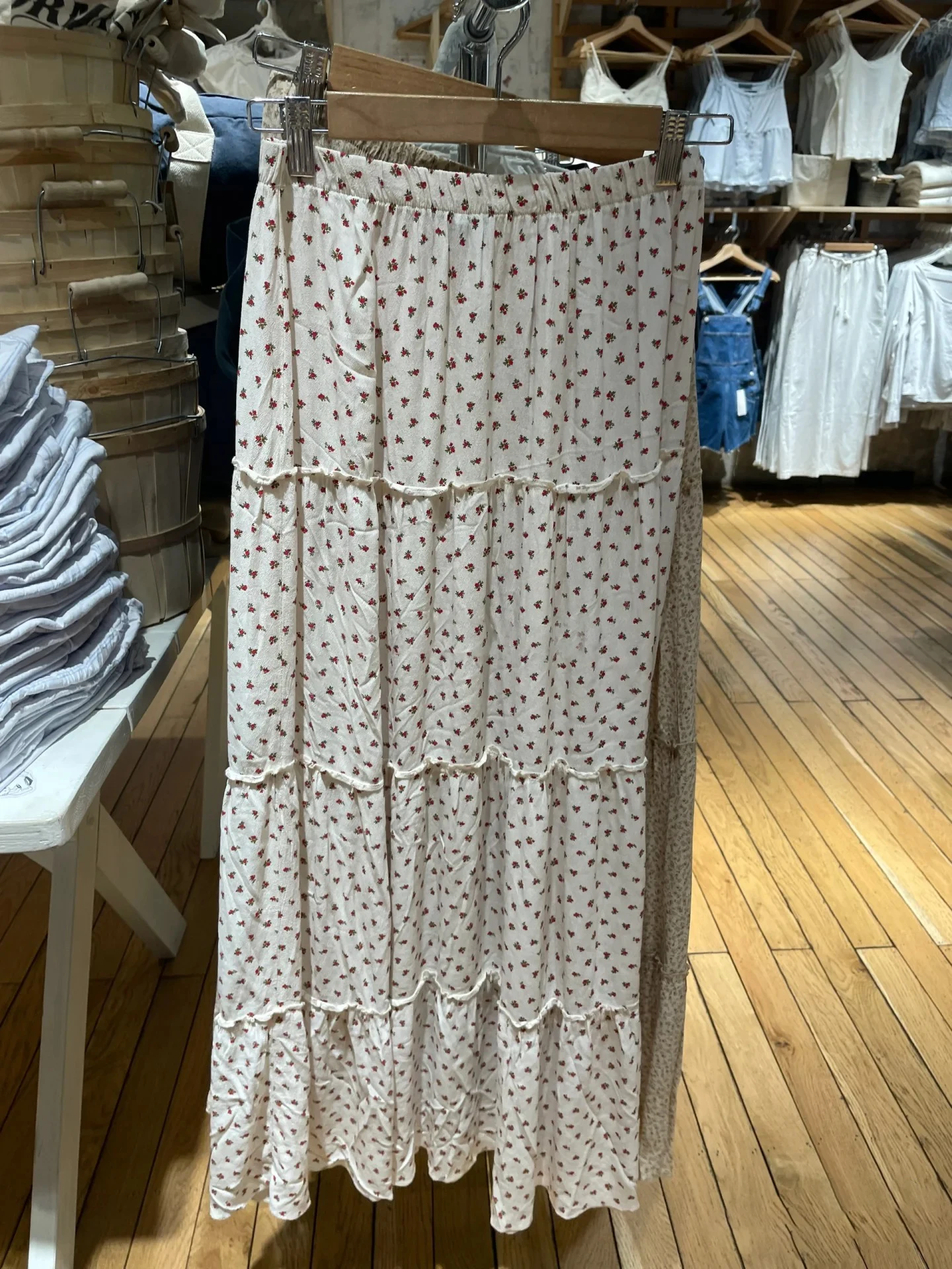 

Red Floral Print Long Skirt Women Summer Elastic Waist Fungus Trim A-line Faldas Bottom Preppy Style Sweet Casual Maxi Skirts