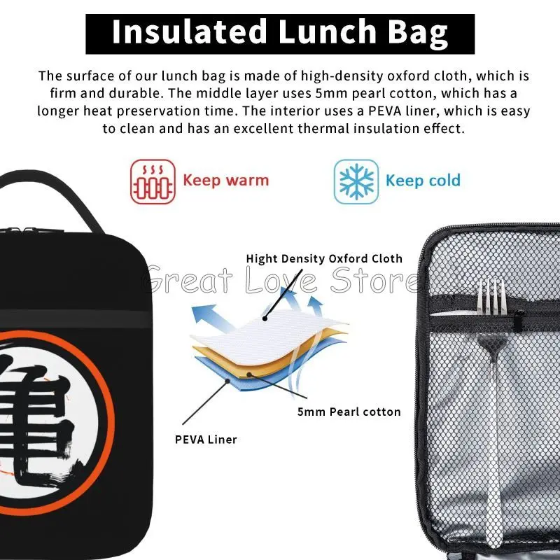DBZ Kanji Print Insulated Lunch Bag for Women Men Boys Girls Reusable Waterproof Thermal Bento Tote Bags for Work Travel Picnic