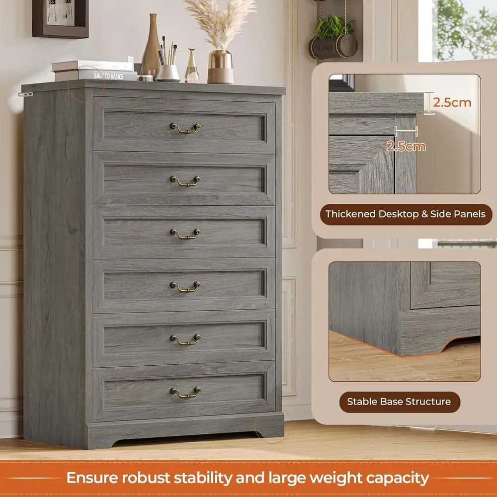 Komoda DAFIFY z 6 szufladami, wysoka szafka drewniana o wysokości 130 cm, rustykalny organizer do przechowywania z dużą szufladą i uchwytem w stylu vintage, szara, do sypialni