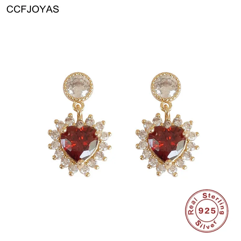 

CCFJOYAS 925 Sterling Silver Retro Ruby Zircon Heart Earrings for Women Simple Temperament French Wedding Party Fine Jewelry