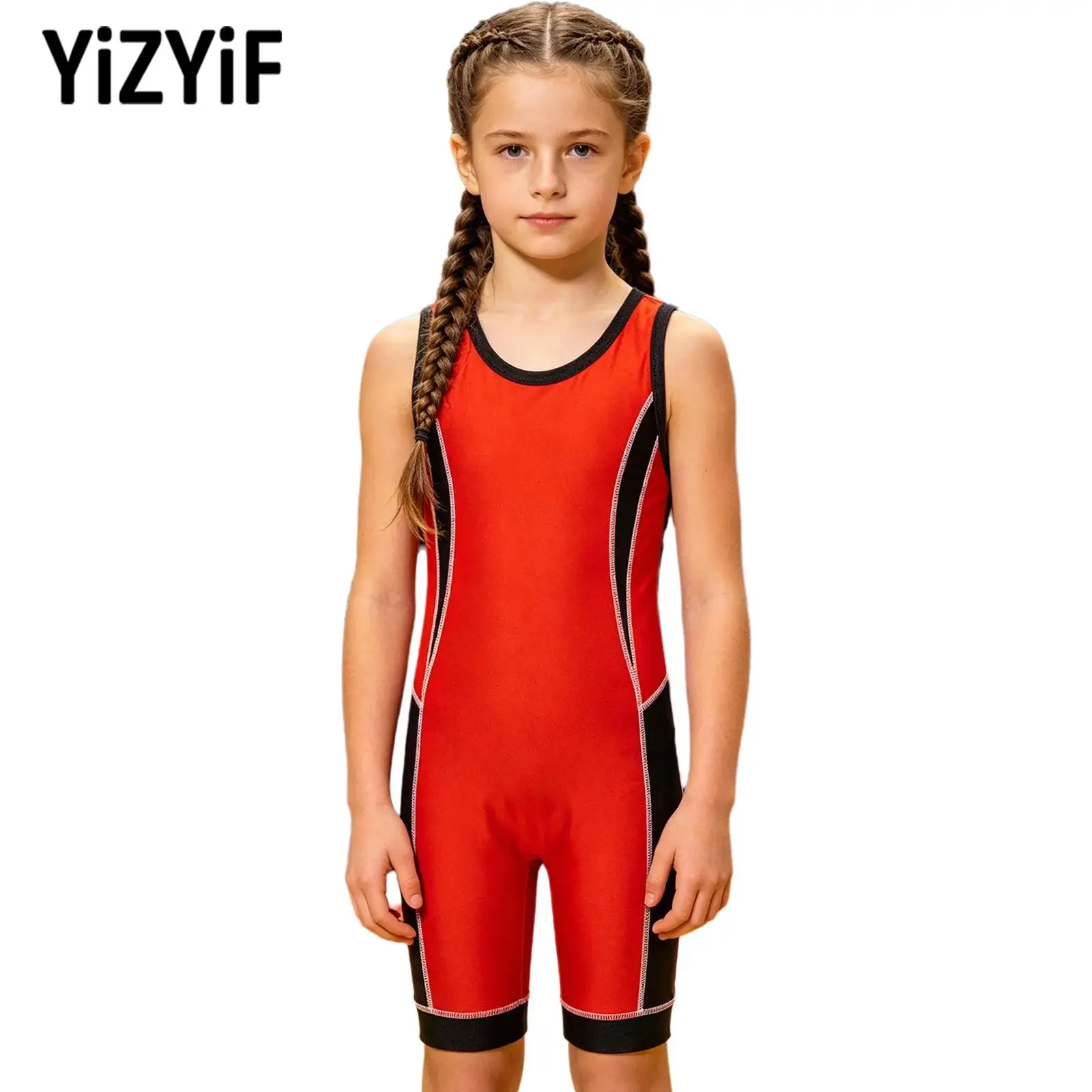 Kids Girls Wrestling Singlet Color Block Jumpsuit Sleeveless Thigh Length Bodysuit for Training Sports Workout Exercise Cycling