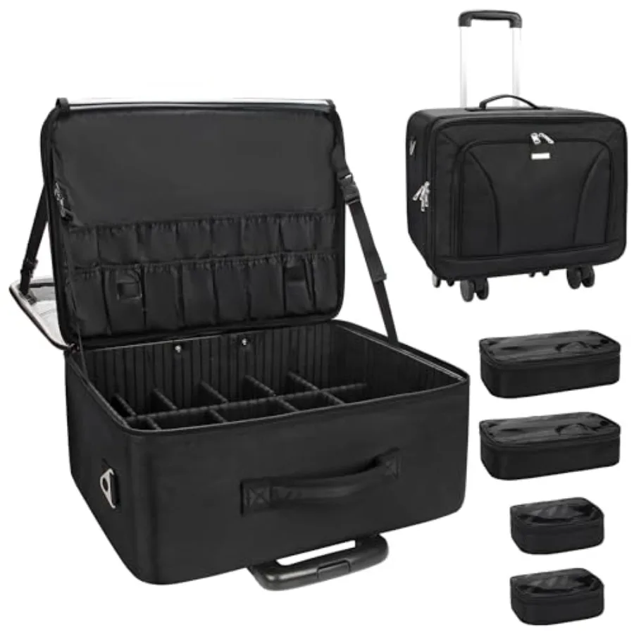 

Очень большой дорожный кейс для косметики на колесиках с 360-градусными вращающимися колесами, 3-слойной конструкцией, изолированным отсеком и 4 прозрачными отделениями