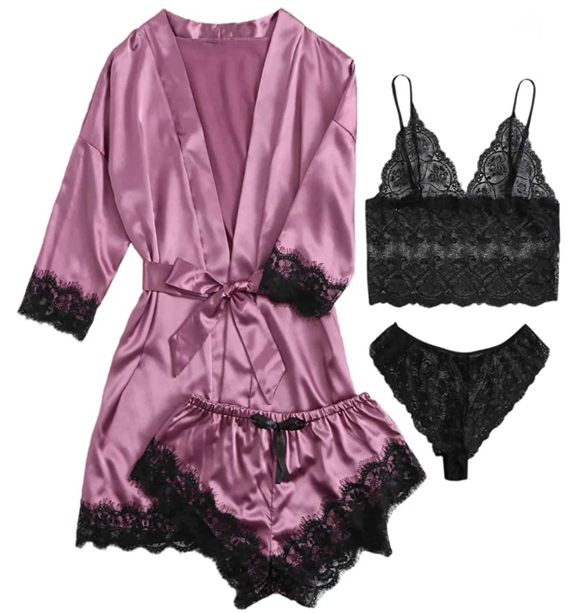 New Women\'s Pajamas 4-piece Set Lace Satin Suspender Pajamas Summer Suit With Nightgown Nightgown Home Clothes