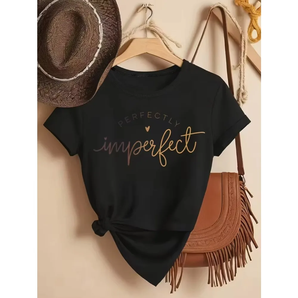 Men Women's Print T-shirt Perfectly Imperfect Letter Print Gold Foil Heart Casual Short Sleeve Tee Short Sleeve Summer Clothing