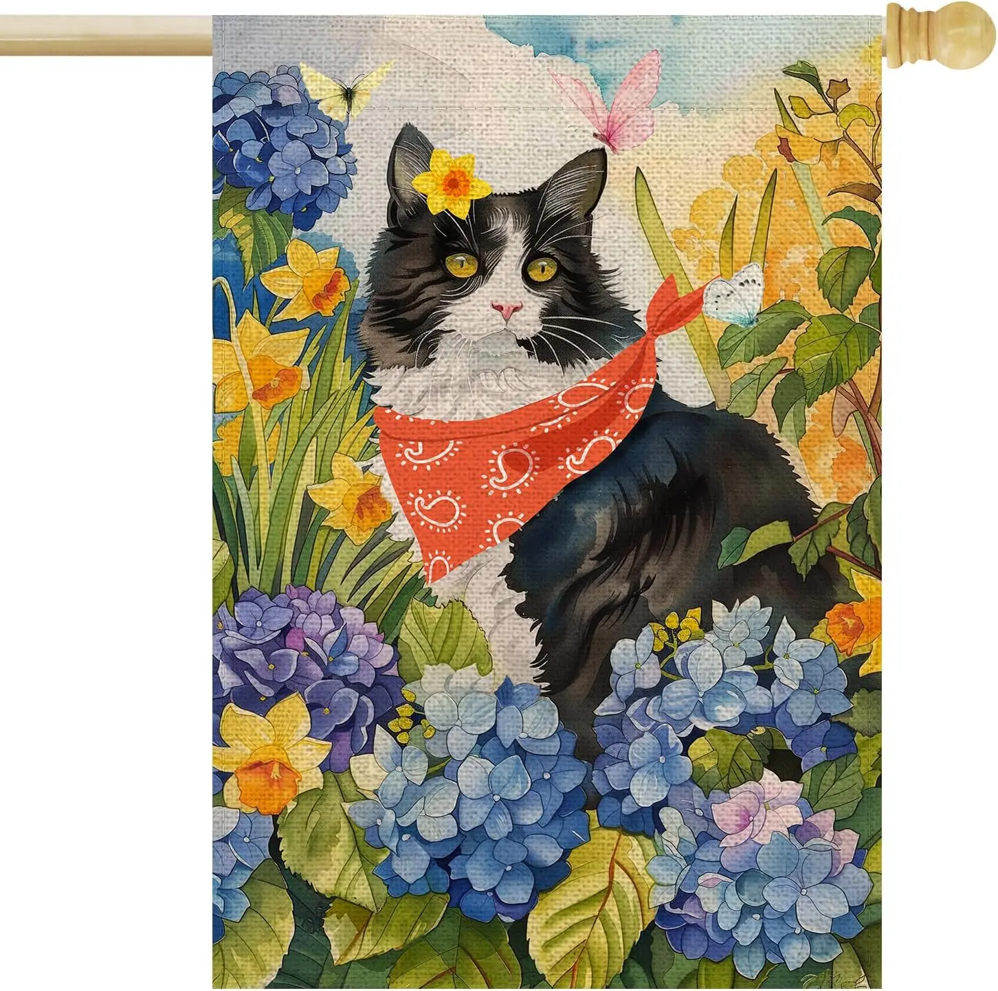 Spring Cat House Flag 28x40 Inch Double Sided Hydrangea Daffodil Flowers Outside Summer Seasonal Farmhouse Yard Flag Outdoor zzo