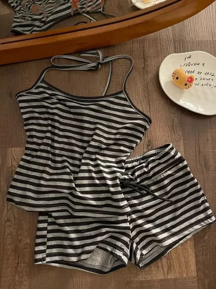 Pure Desire High-End Striped Strap Sleepwear Women Summer Sexy Vest Shorts Set with Chest Pad Home Clothes Soft round Neck