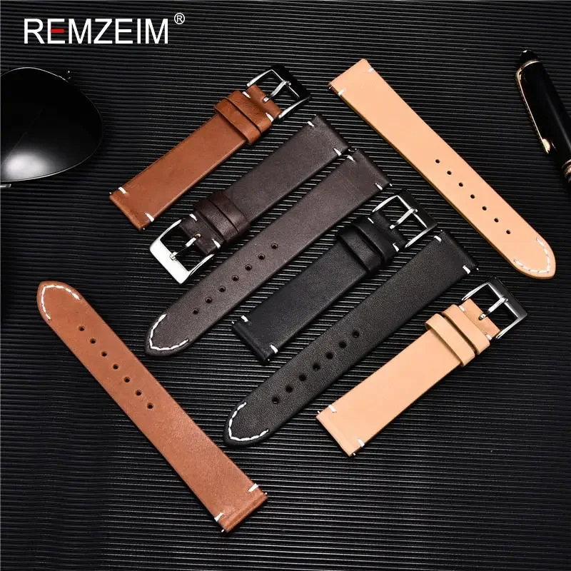 Leather Watchband Strap 18mm 20mm 22mm Quick Release Watch Strap Cowhide Handmade Black Dark Brown Vintage Leather Watchband