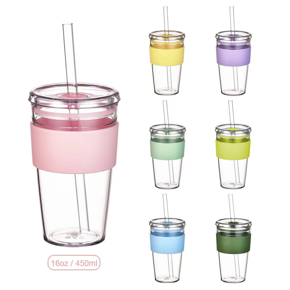 

450ml Tritan WATER Mug with cup sleeve And Straw For Women Student Children,Party Drinkware,Single-layer Plastic Coffee Cup