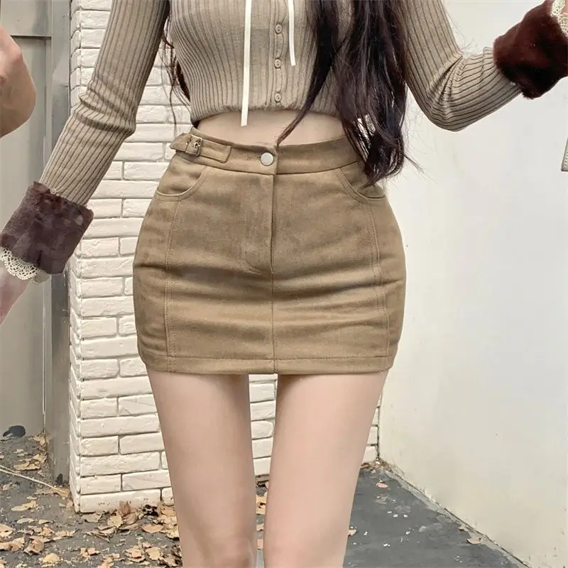 Retro Spice Girl Hip Wrap Skirt Women's Autumn New High Waist Skinny Khaki Skort Short Skirt