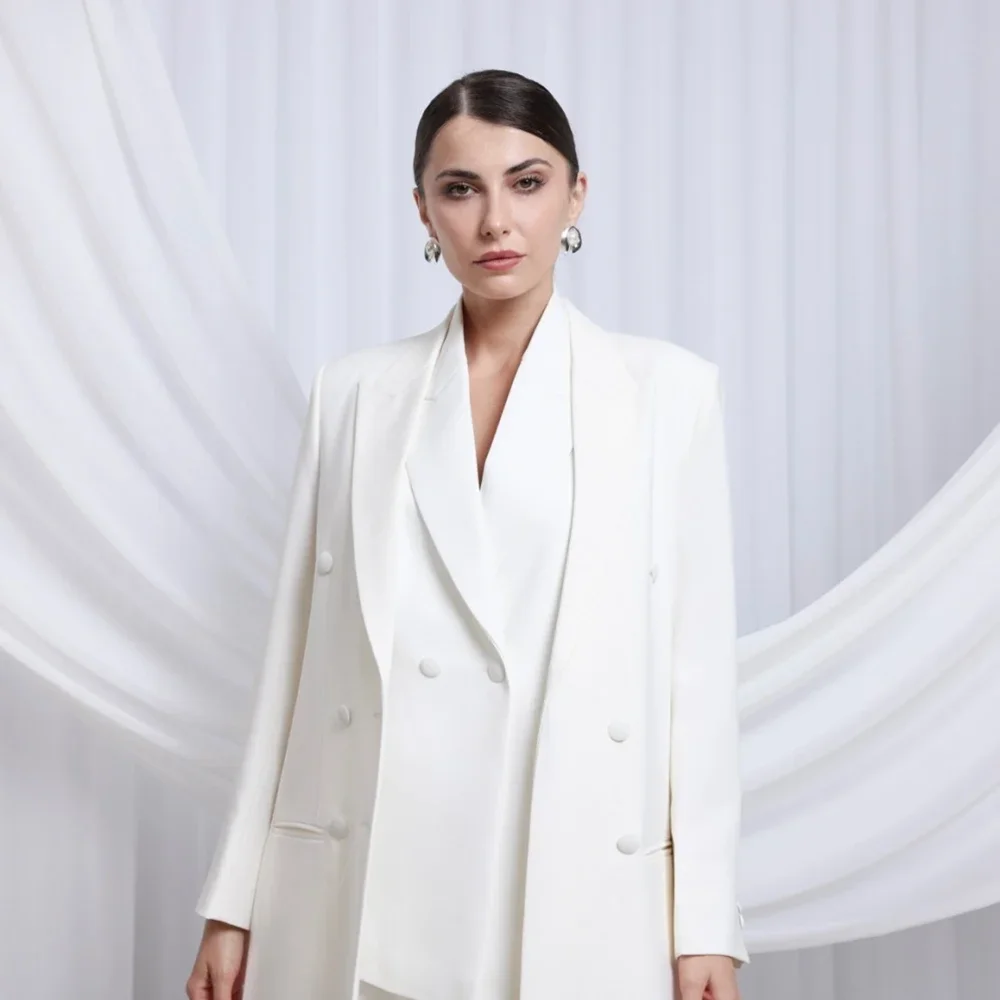 Summer White Women Suits 3 Piece Elegant Peak Lapel Double Breasted Outfits Office Lady Casual Pants Sets (Jacket+Vest+Pants)