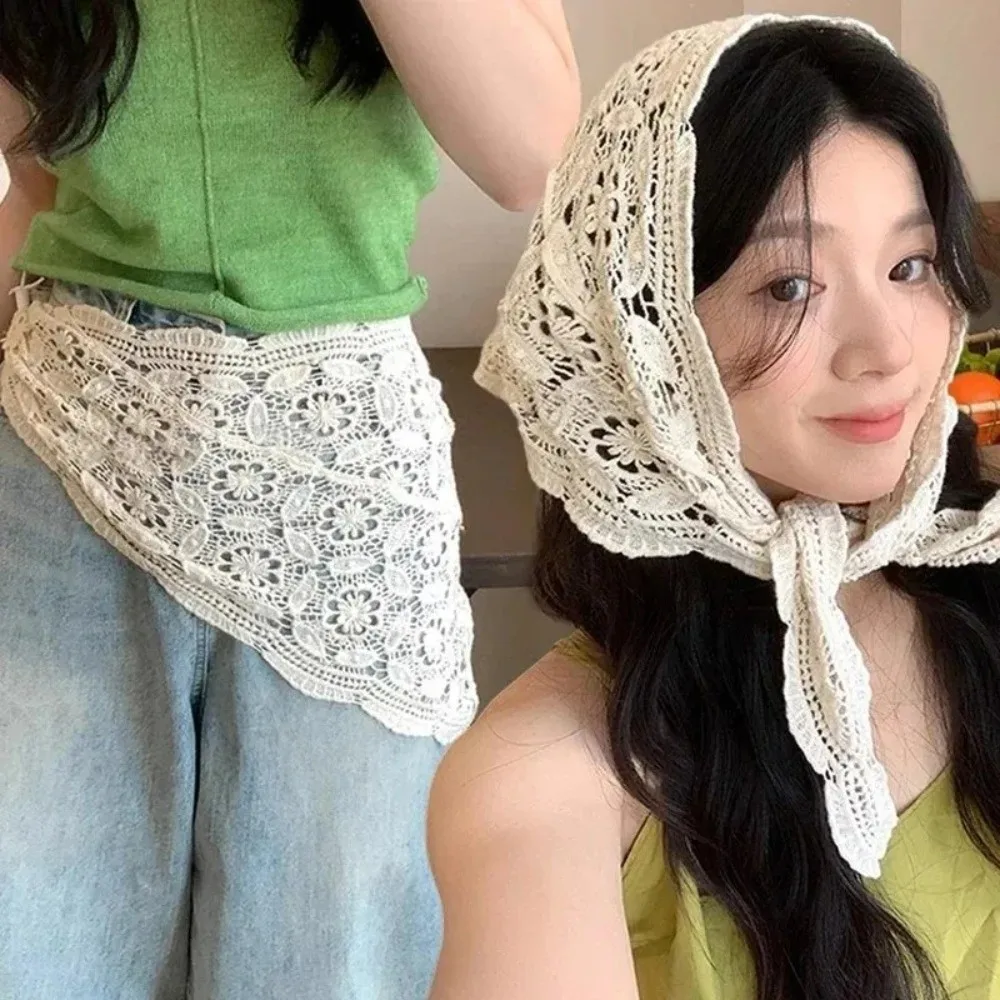 Stylish Hollow Out Knitted Headscarf Beige Hair Accessories Triangle Headbands Waist Belt Scarf Women